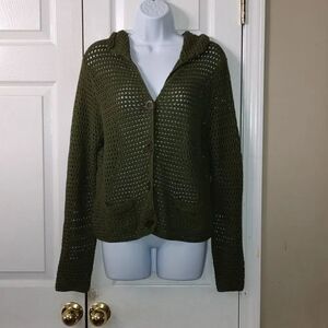 Army green crochet button front cardigan Sz L